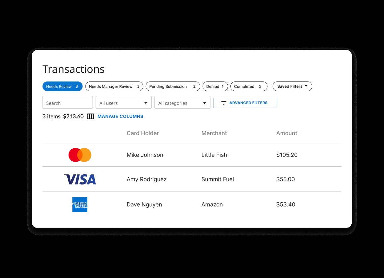 Emburse Spend transaction table displaying connected corporate card activity