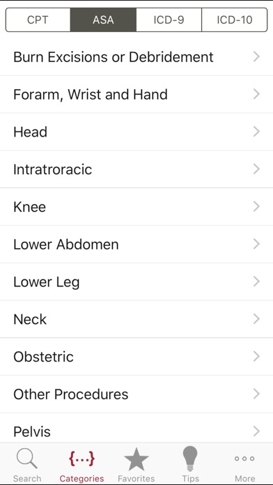 Historical abeoCoder screen listing anesthesia code categories including knee, obstetric, and intrathoracic procedures