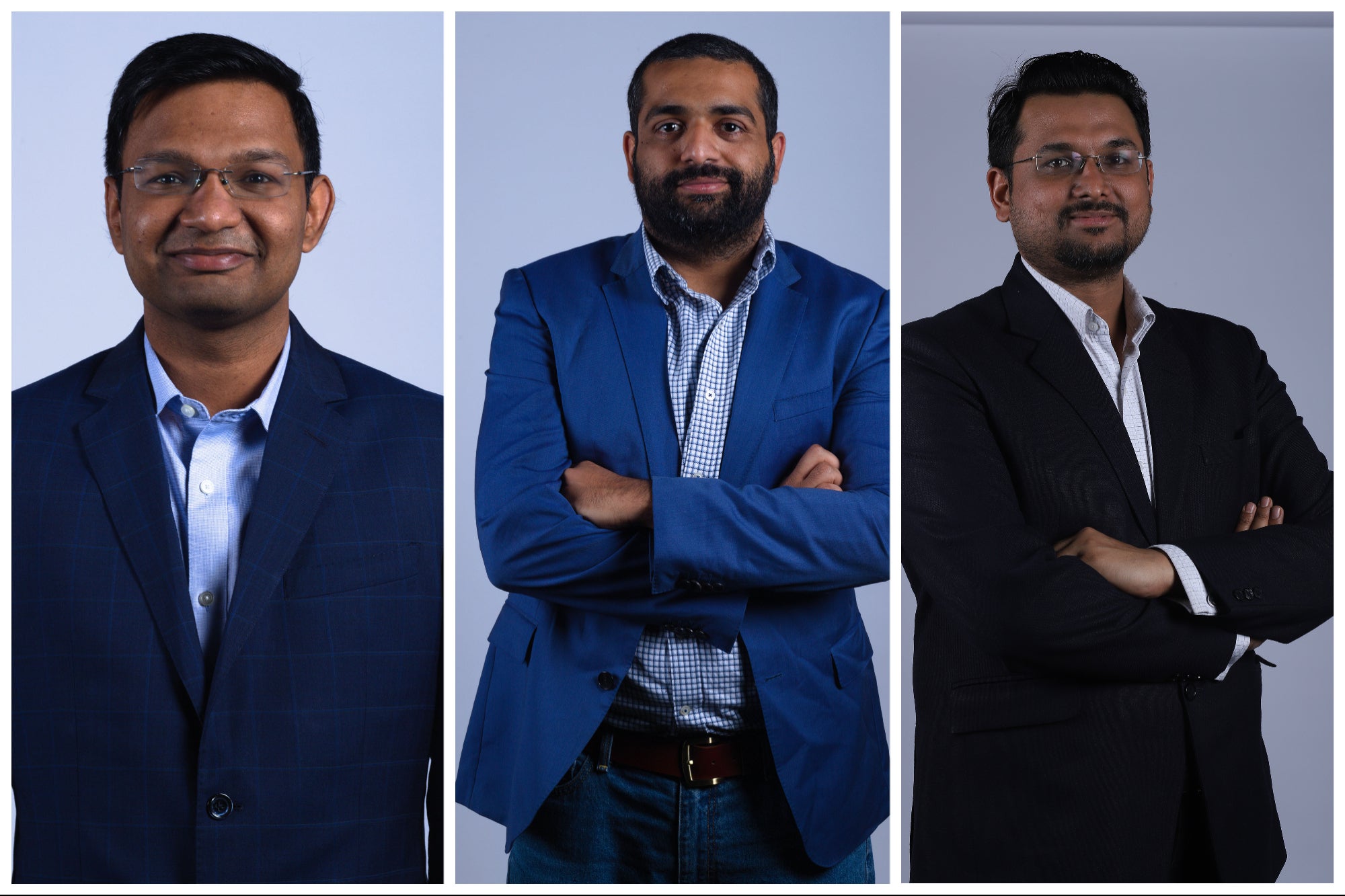 Innovaccer founders Abhinav Shashank, Kanav Hasija and Sandeep Gupta in a three-panel press photograph