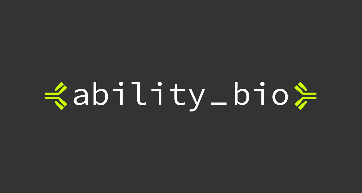 Ability Biotherapeutics logo - ability_bio in monospace flanked by antibody-shaped chevrons