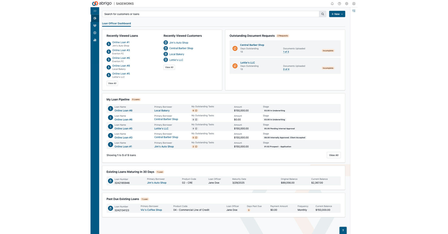 Abrigo Community Lending dashboard showing a loan officer’s pipeline, outstanding documents and recent customers