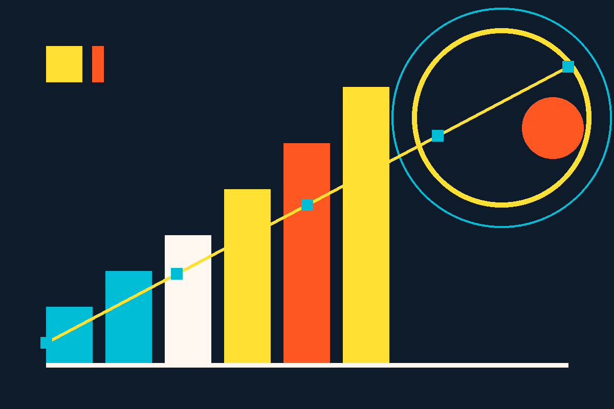 Swiss-style graphic of ascending bars and an orbiting circle representing growth-stage scaling