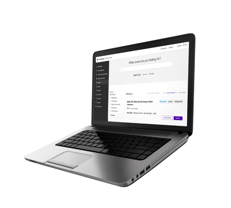 Acadeum’s published Course Share laptop mockup showing course search and enrollment
