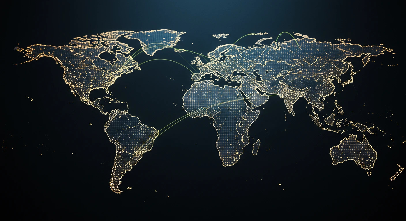 A luminous world map with network paths crossing continents