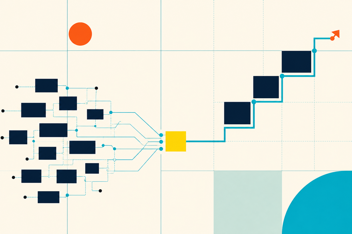 Abstract geometric network of software modules converging into a stepped growth path