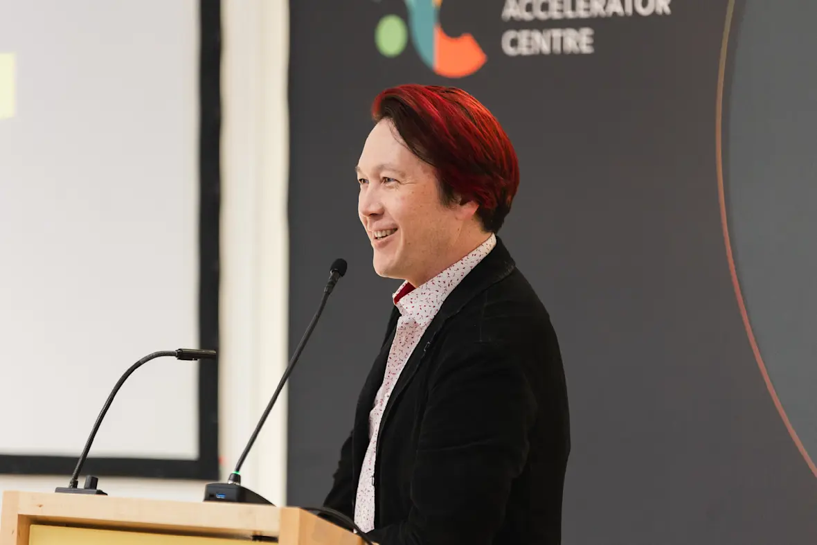 Accelerator Centre CEO Ruth Casselman speaking at the 2025 Studio showcase
