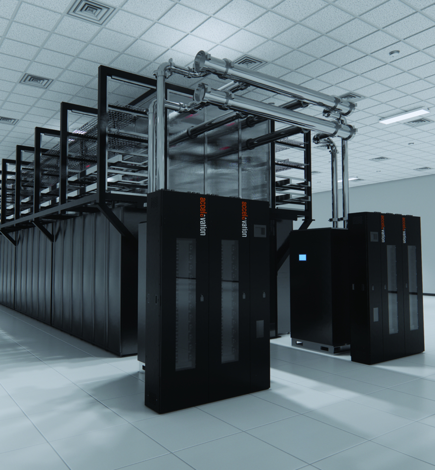 Accelevation modular infrastructure with power cabinets, steel support and overhead cooling pipes