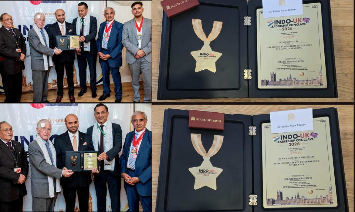 Acceligize's published collage of the Indo-UK Conclave 2026 presentation and award certificates