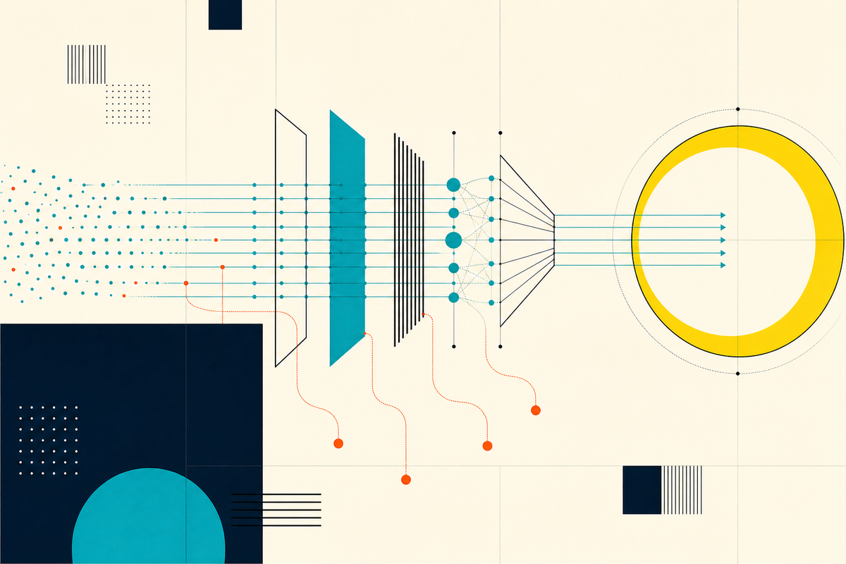 Abstract geometric illustration of transaction signals moving through risk gates toward an approval aperture