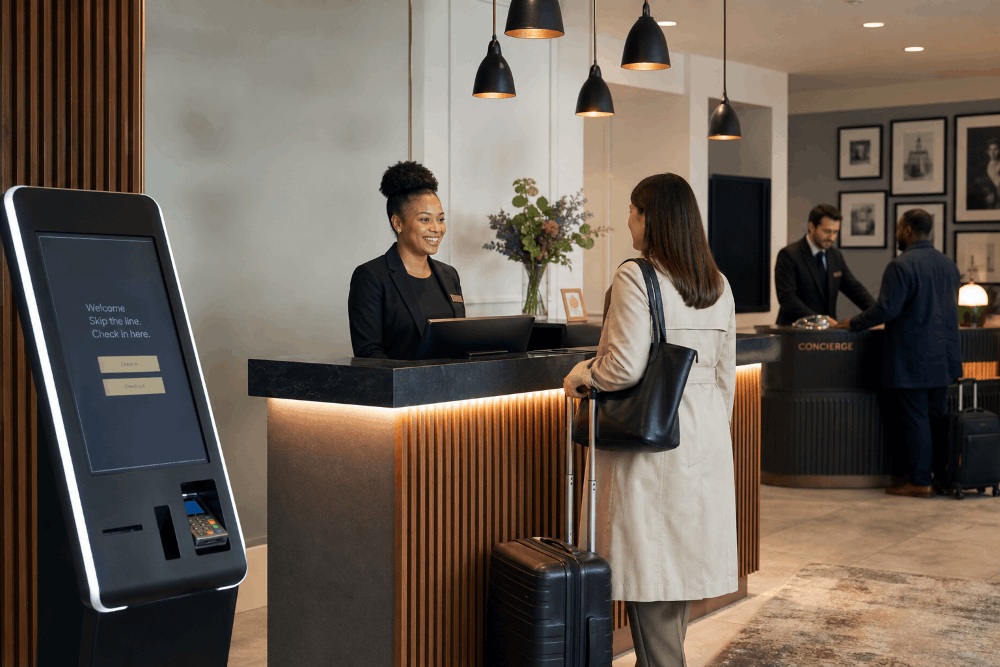 Access promotional image of a hotel reception with a self-service kiosk beside a staffed desk