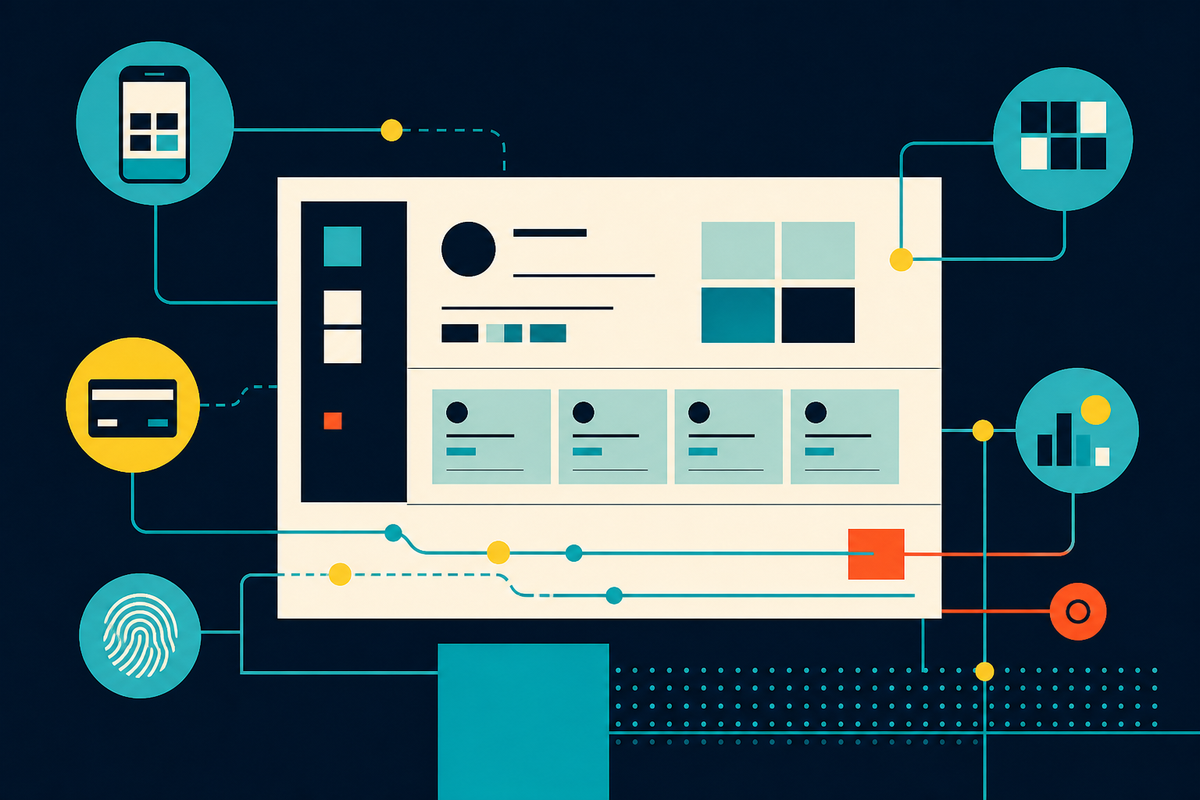 Abstract Swiss-style illustration of connected digital banking modules