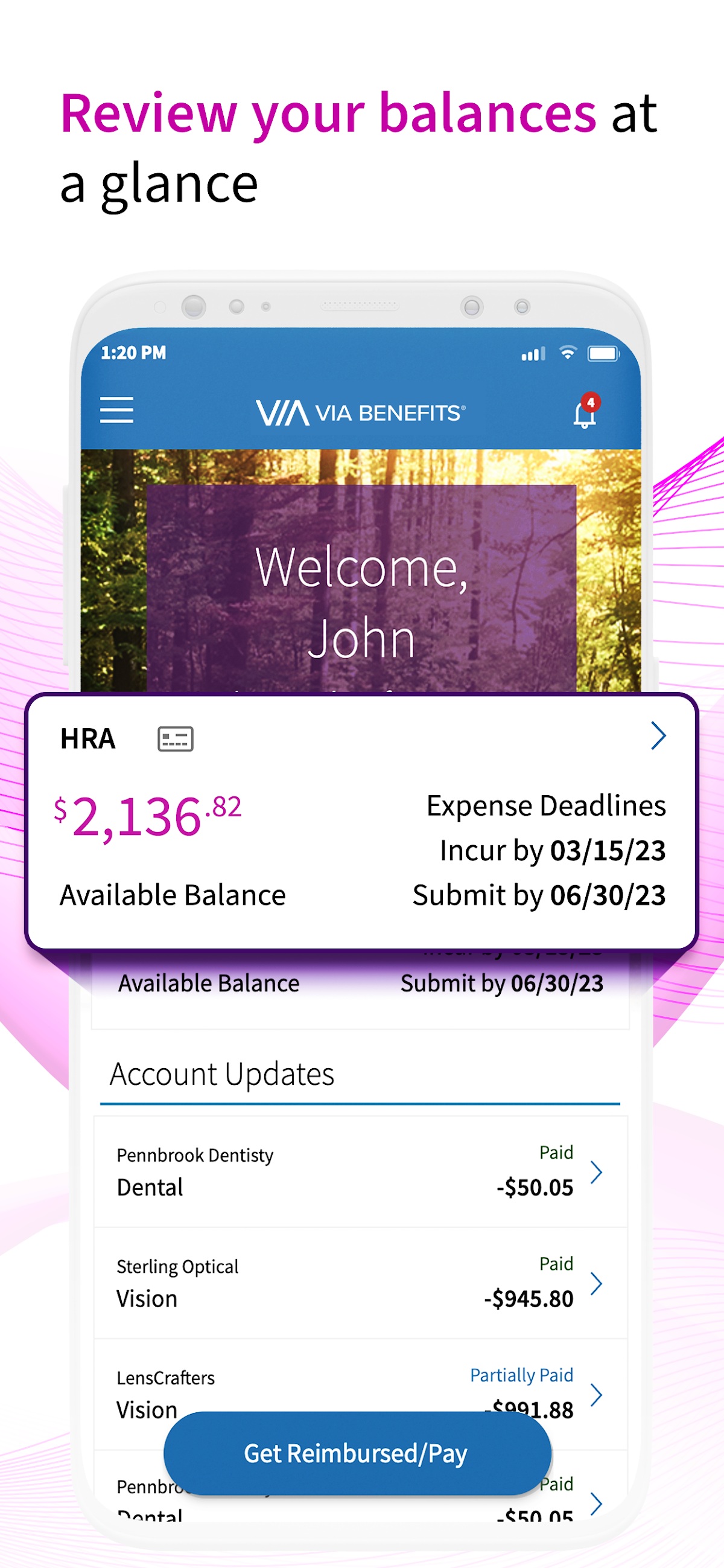 Published Via Benefits Accounts promotional screenshot showing account balances, deadlines and payment activity