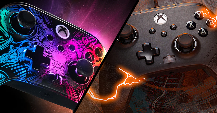 Two PowerA FUSION controllers, one illuminated and one wired, on contrasting backgrounds