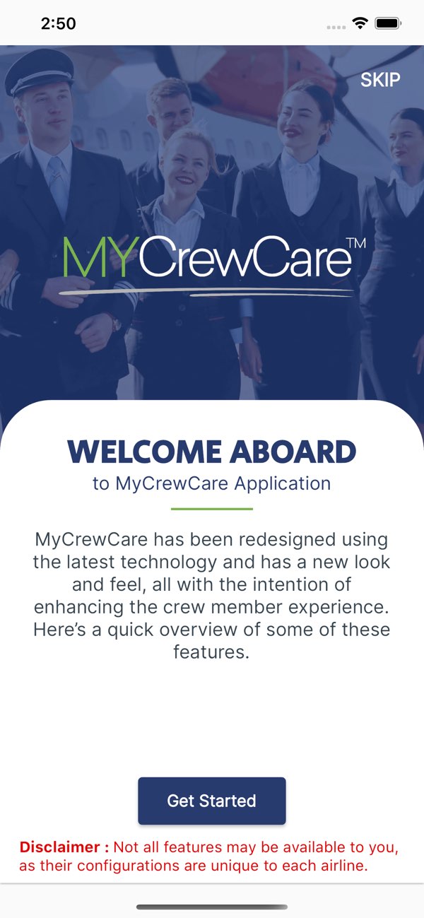 MyCrewCare welcome screen showing its crew travel introduction