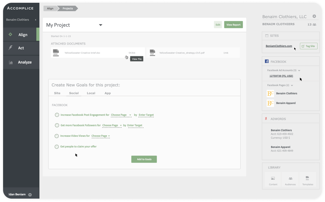 Accomplice design screen with choices for Facebook engagement, followers, video views and offers