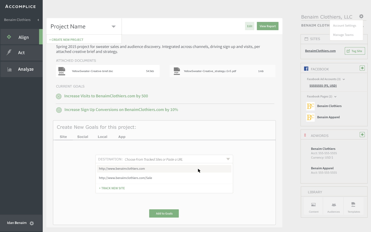 Archived Accomplice project screen showing campaign documents, website goals and connected advertising accounts