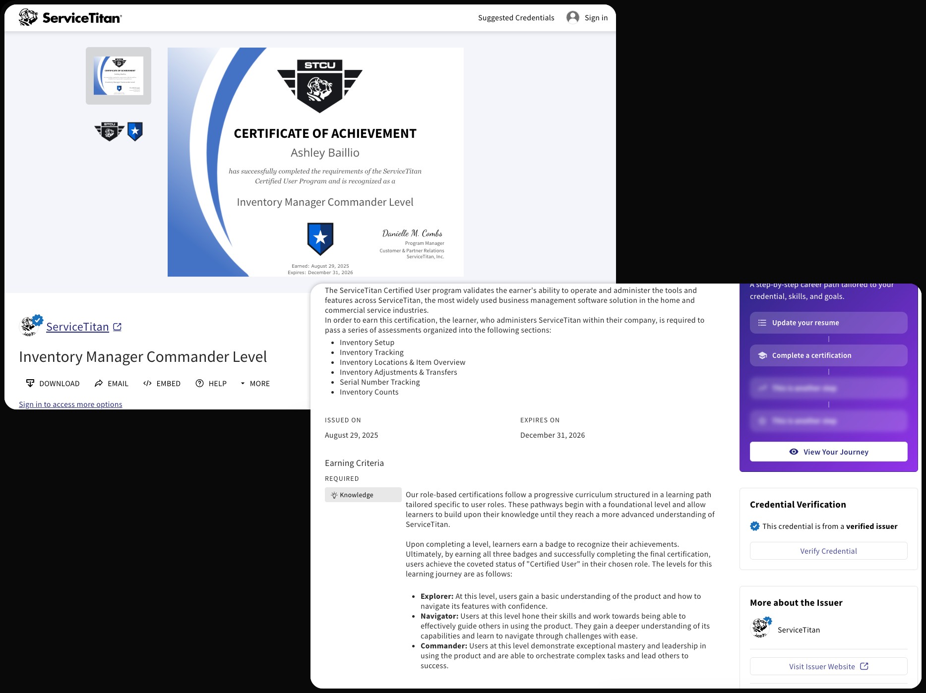 Example of a ServiceTitan digital credential issued through Accredible