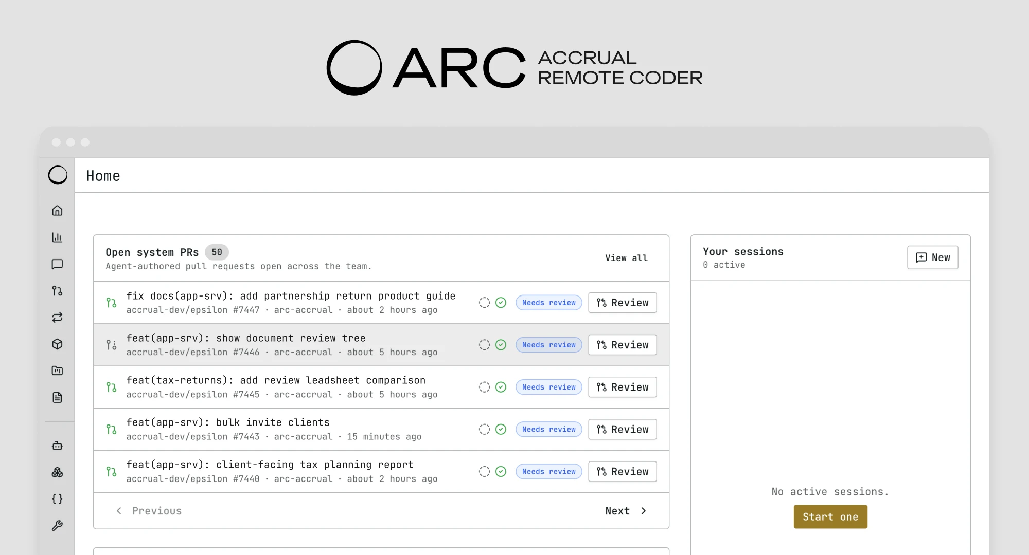 Arc dashboard showing agent drafted work awaiting review