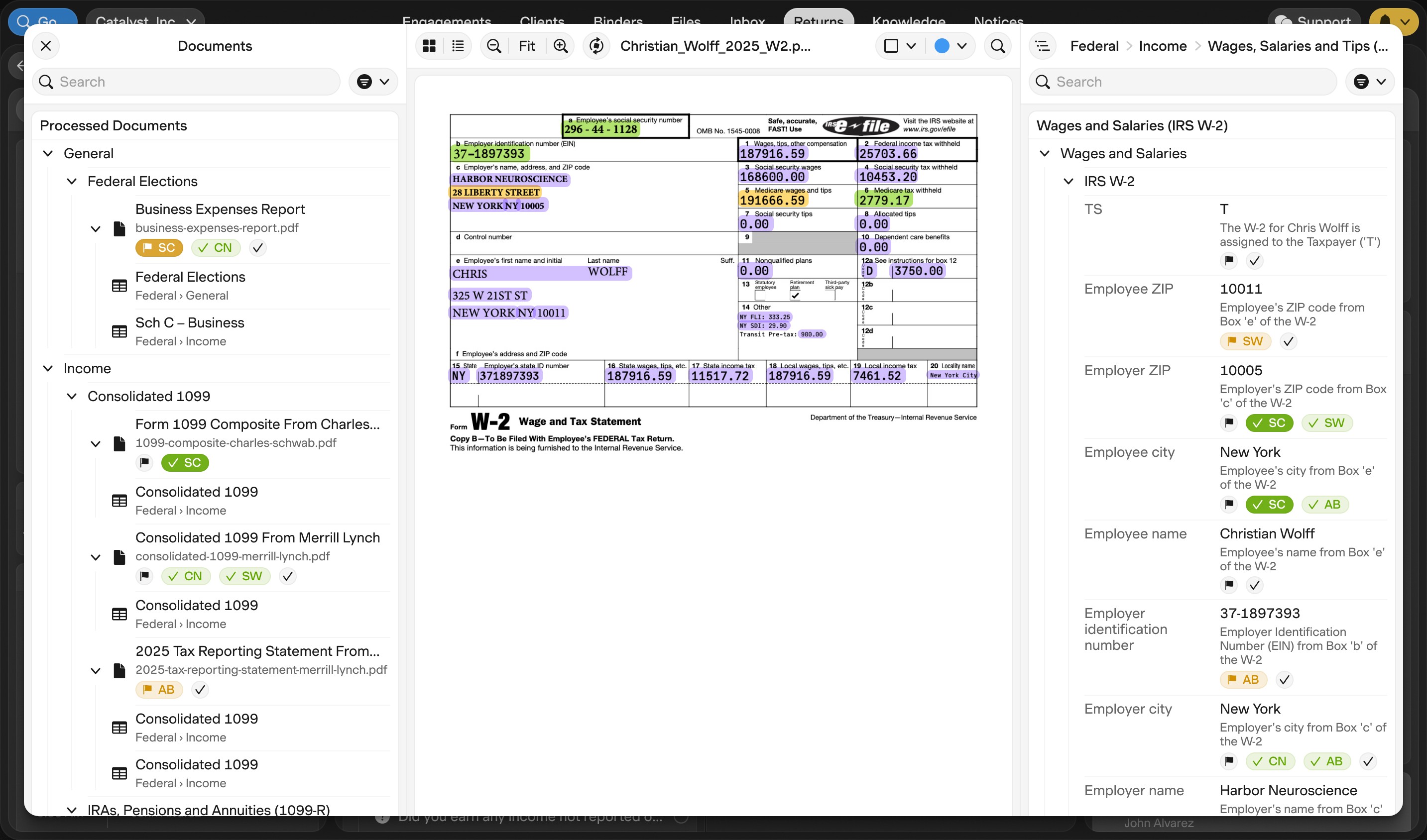 Accrual worksheet review screen connecting a W-2 source document to tax fields