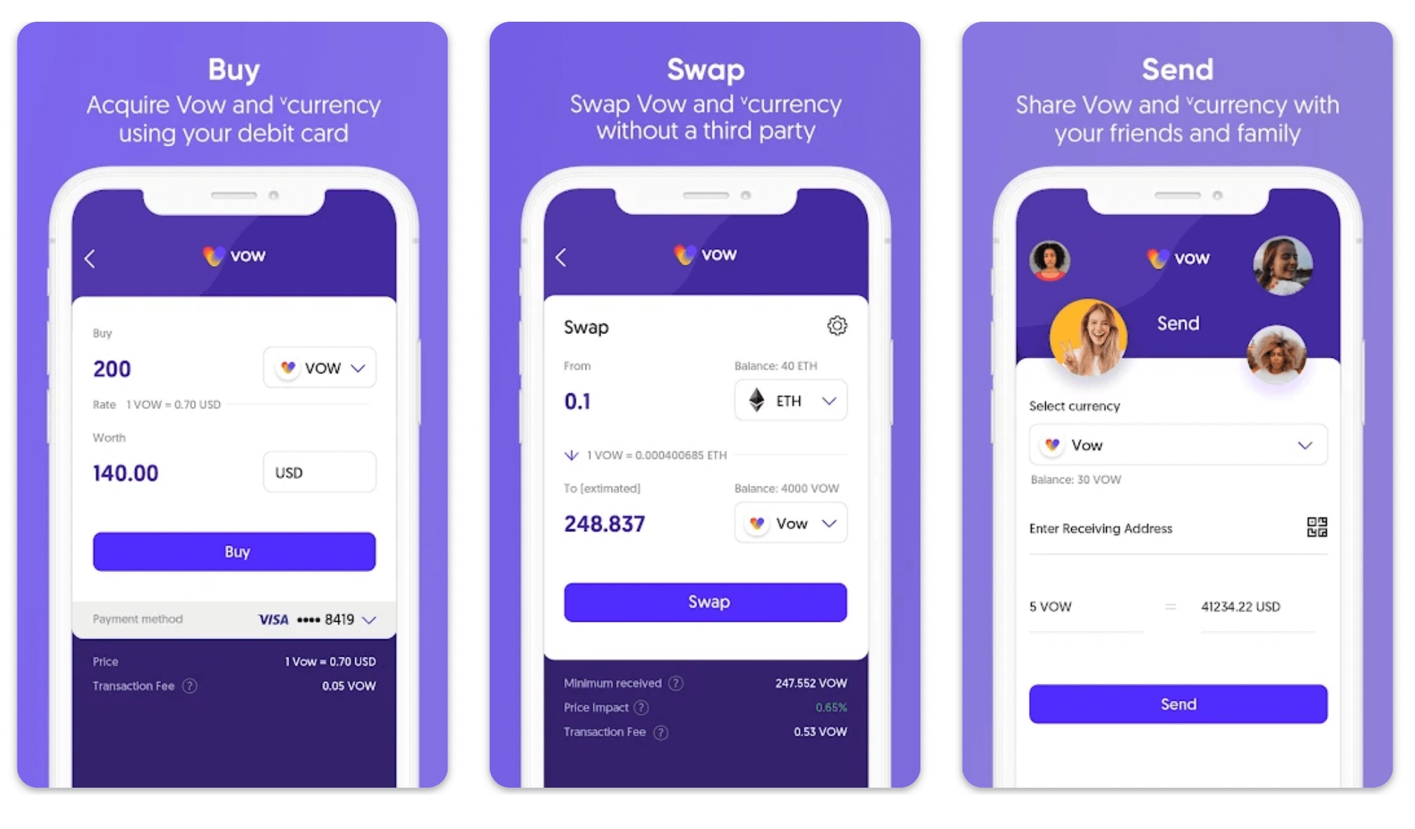 Vow wallet product screens showing Buy, Swap and Send
