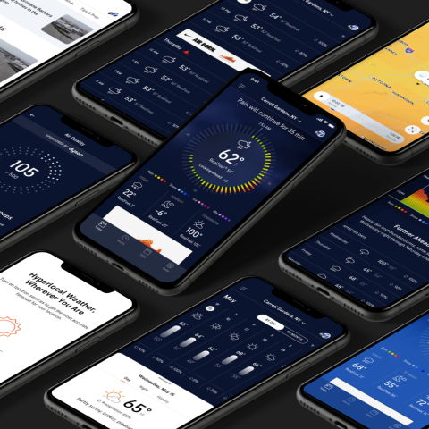 AccuWeather promotional image showing forecast, radar, and MinuteCast screens in the 2020 app redesign