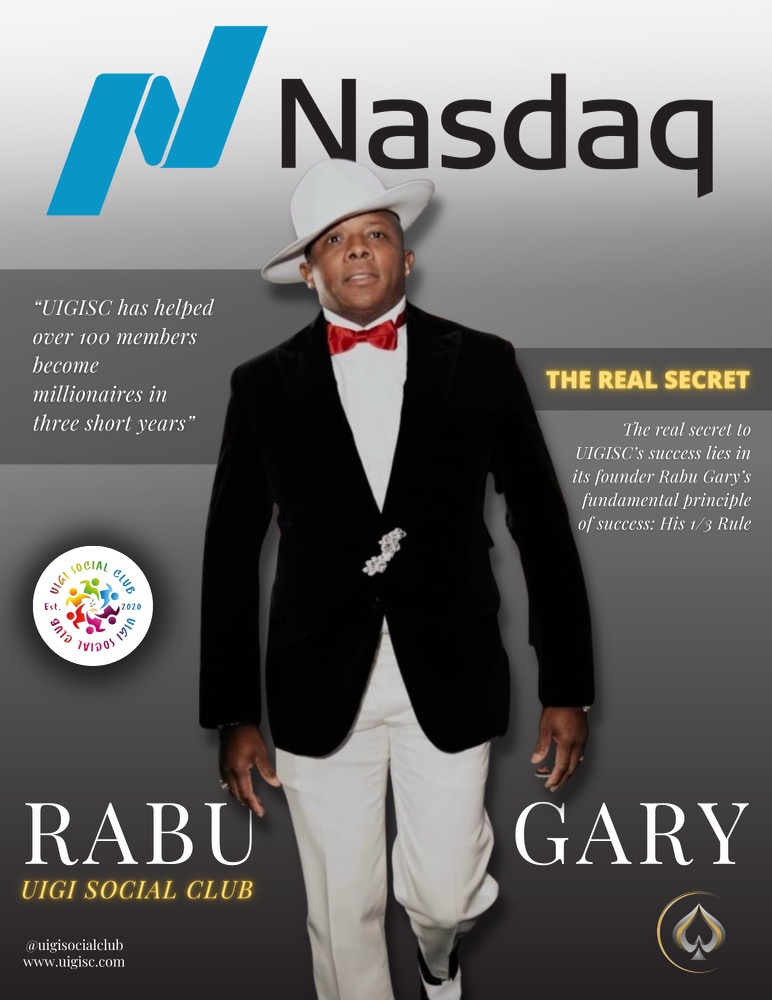 Ace Branding case-study artwork showing UIGISC founder Rabu Gary beneath the Nasdaq logo