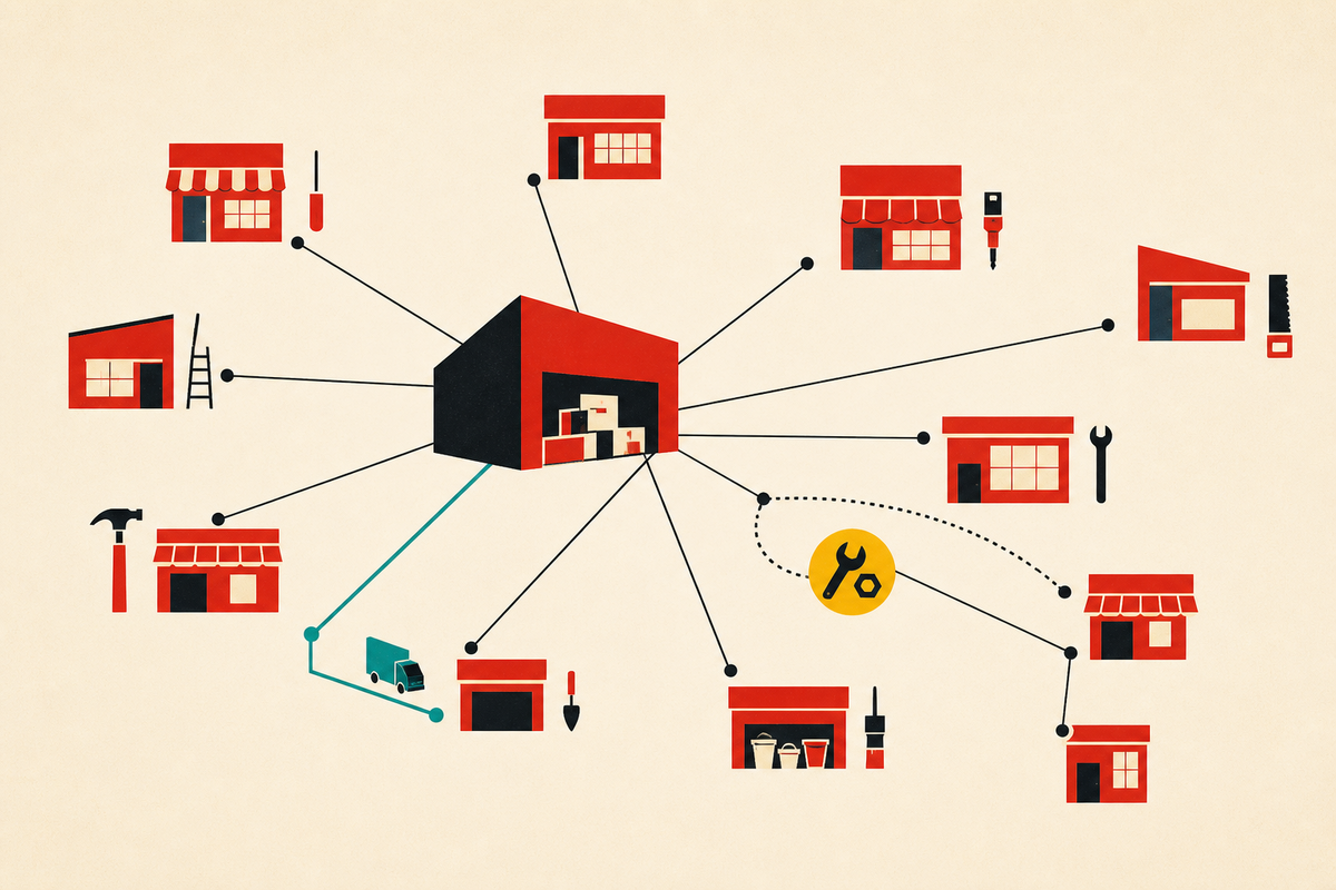 Abstract Swiss-style illustration of neighborhood shops connected to a central distribution hub