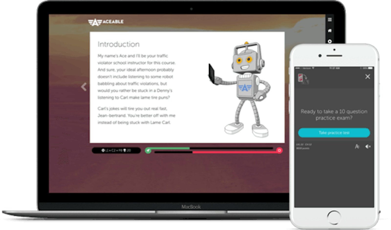Aceable course interfaces displayed on a laptop, tablet, and phone