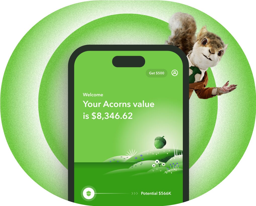 Acorns promotional app screen with a green balance display and squirrel mascot