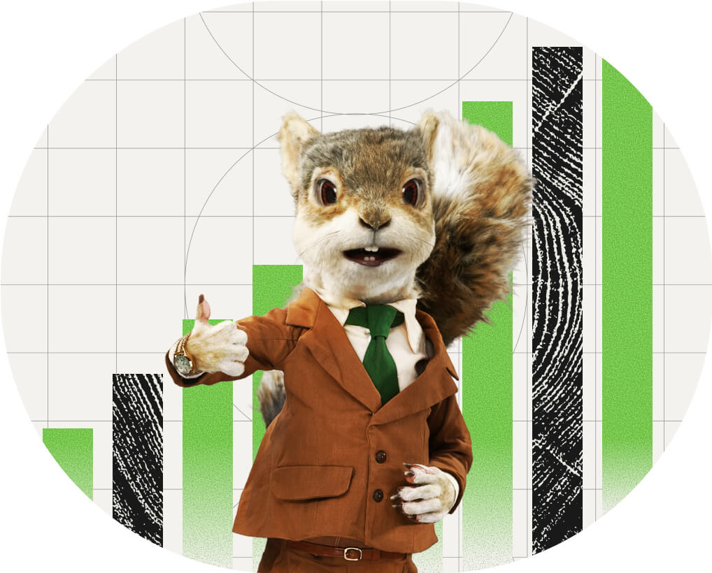 Acorns marketing illustration: a squirrel in a brown suit gestures beside green bars
