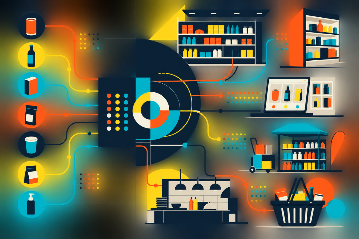 Abstract Swiss-style illustration of product blocks, retail shelves, digital commerce and data signals connected in one system