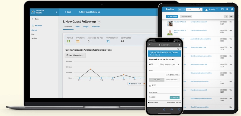 Realm product screens showing follow-up tasks, profiles and online giving on a laptop, tablet and phone