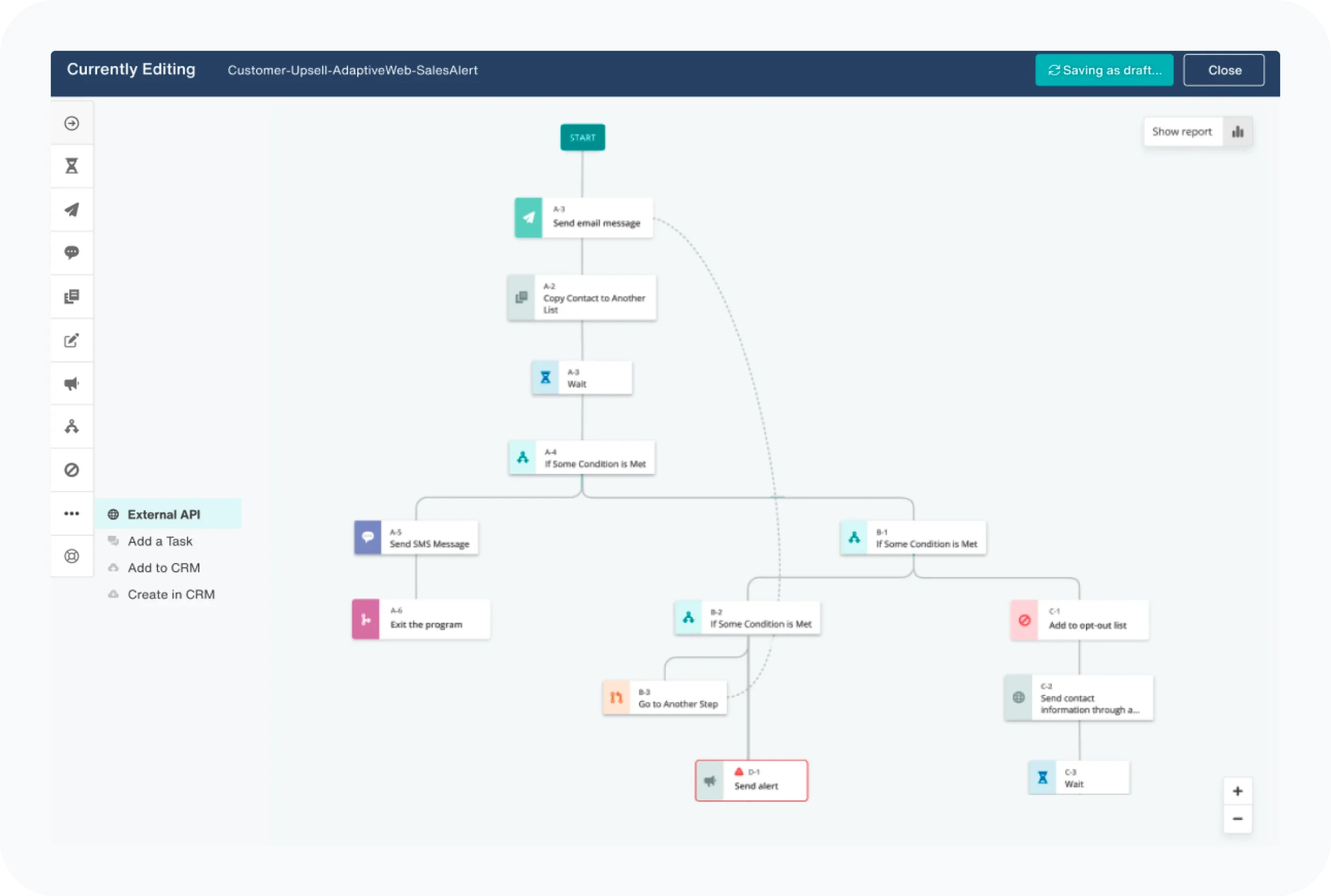 Act-On automation builder with email, waiting, conditional branches, SMS and sales alerts