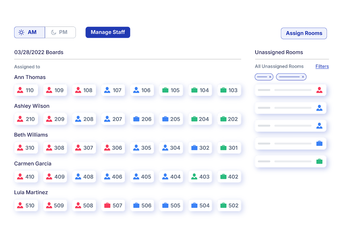 Alice housekeeping interface showing room assignments grouped by staff member