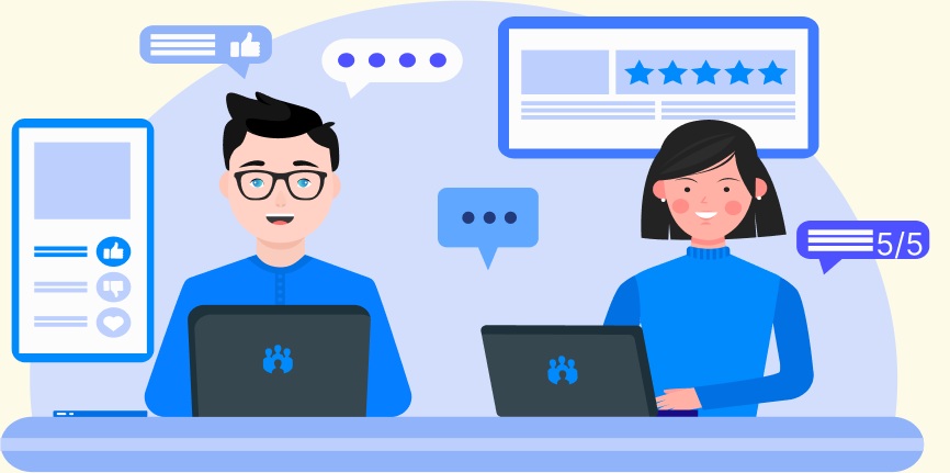 ActioHX illustration of people using laptops alongside ratings, messages, and social feedback
