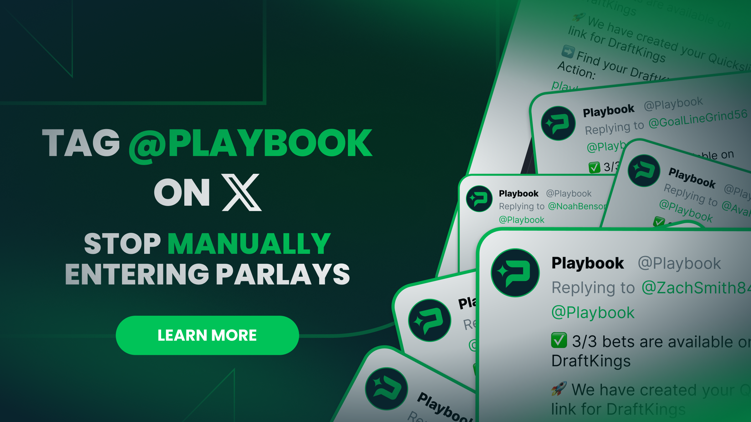Action Network Playbook promotional graphic showing its X replies and sportsbook slip links