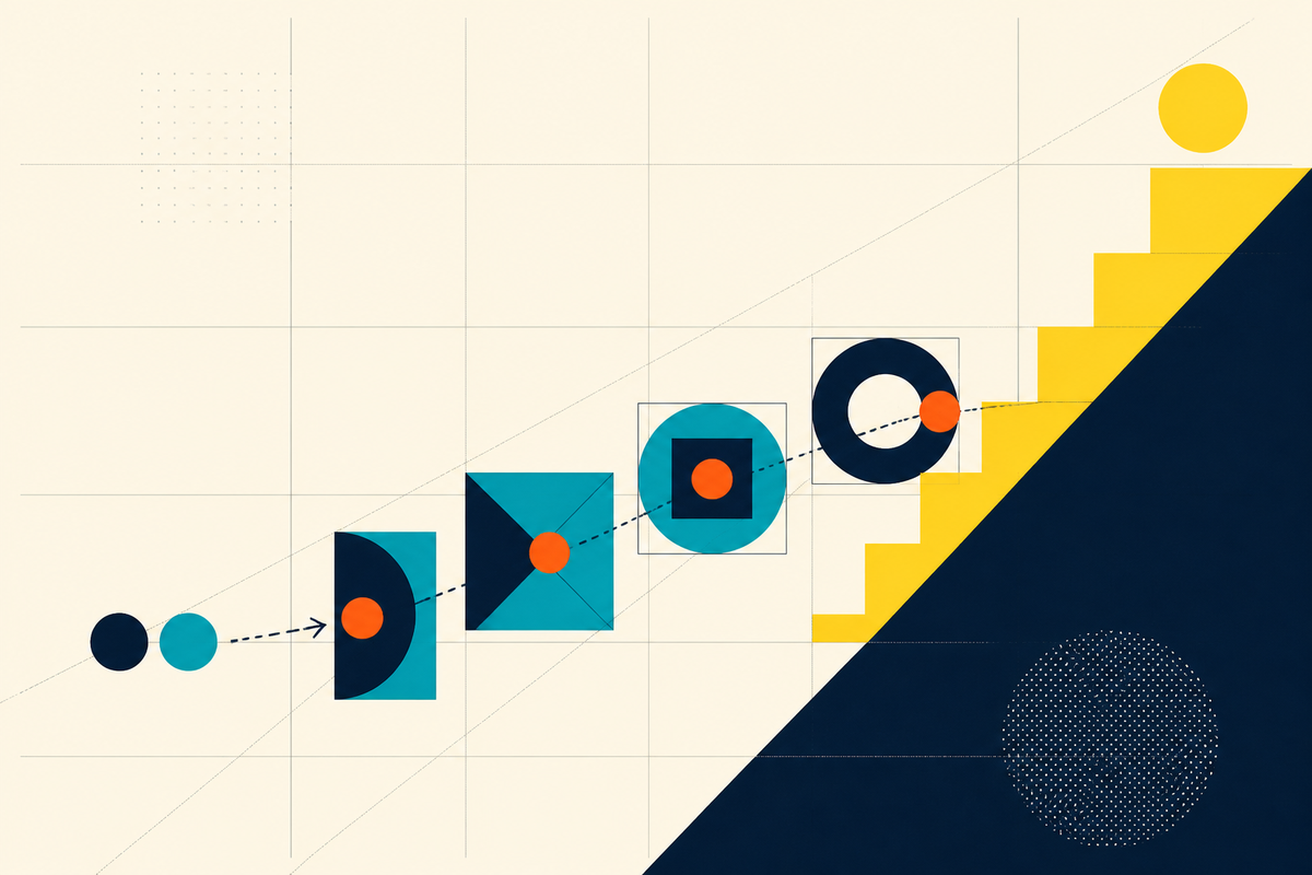 Abstract Swiss-style illustration of small shapes moving through a structured system toward a staircase
