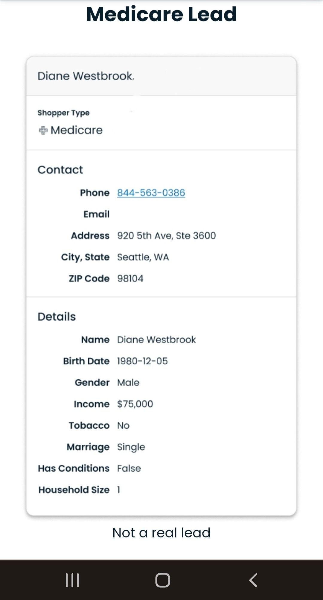 Promotional sample Medicare lead card, explicitly labeled Not a real lead