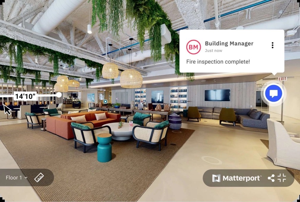 Matterport digital room view with measurement and inspection interface