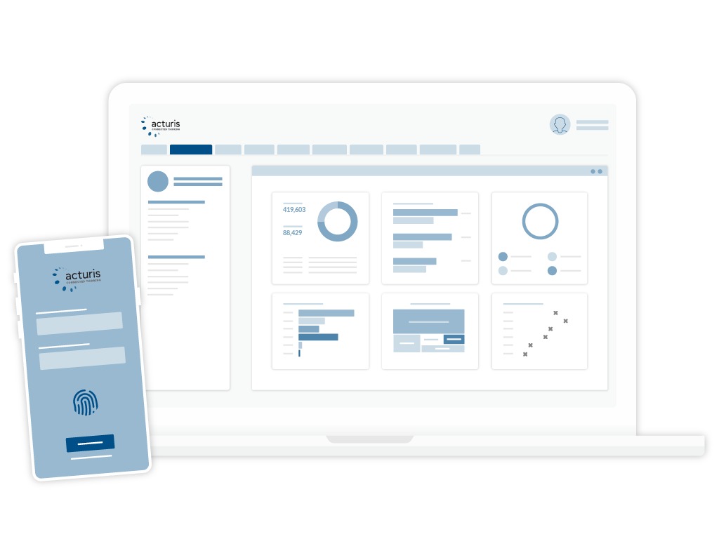 Acturis platform shown across a laptop and mobile phone with dashboards and insurance data