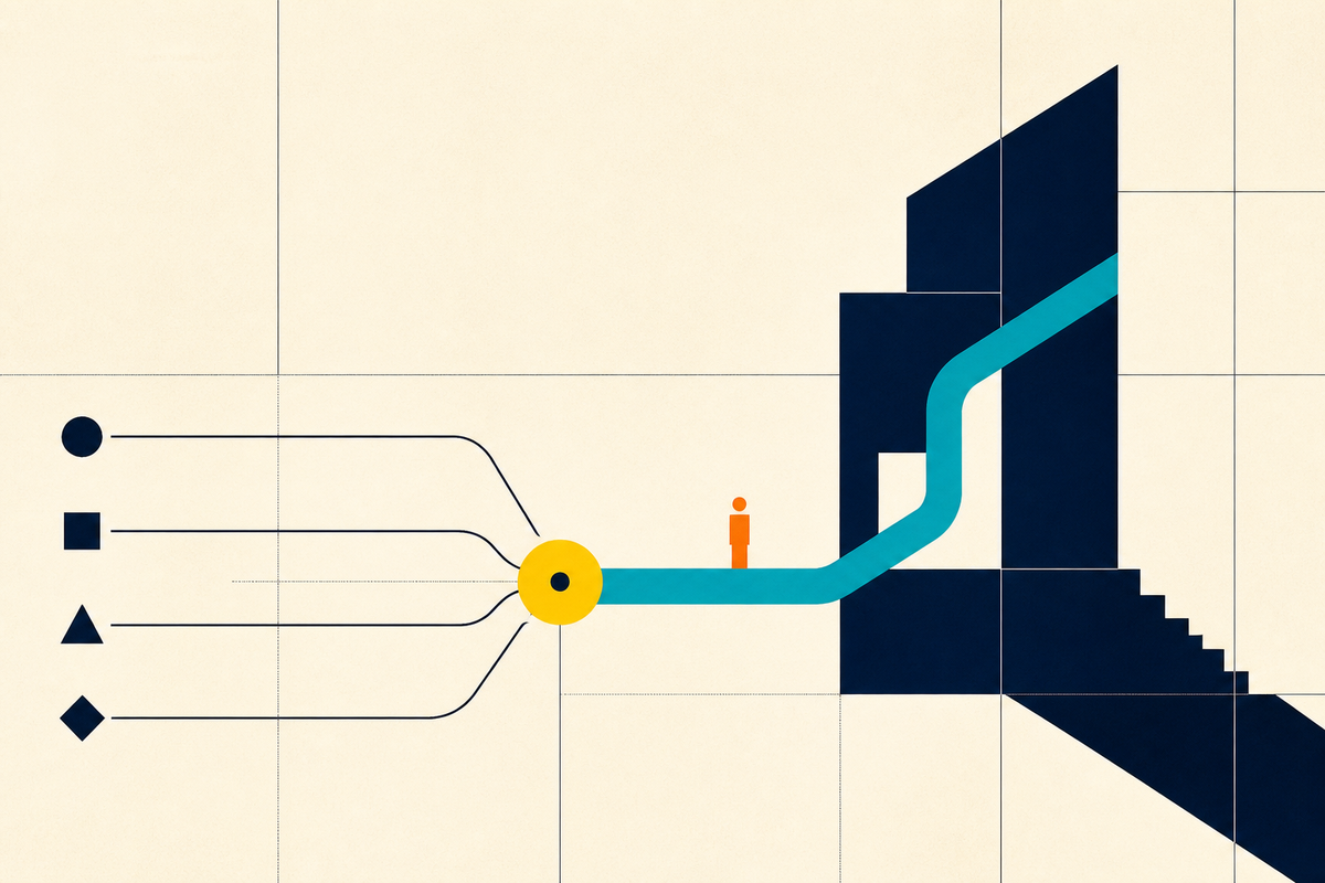 Abstract Swiss-style illustration of four paths converging at a decision point and continuing into an architectural structure