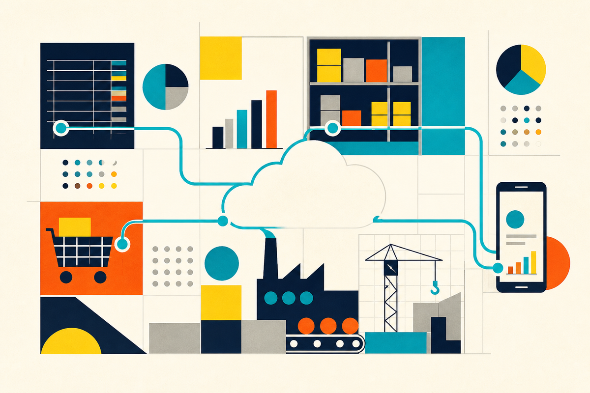 Abstract Swiss-style illustration of finance, warehouses, manufacturing, construction and commerce connected through one cloud system