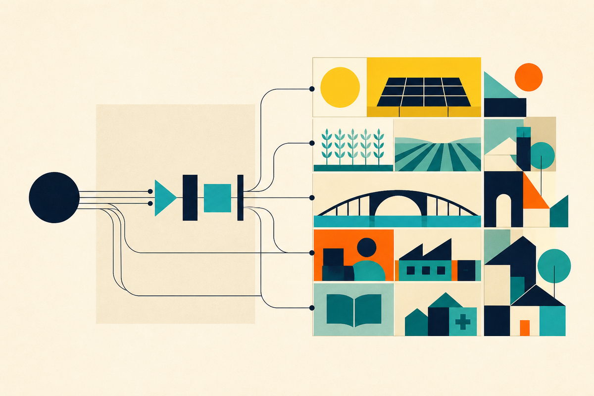 Abstract Swiss-style illustration showing patient capital flowing into energy, agriculture, education, health and communities