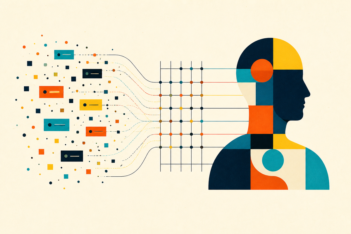 Abstract Swiss-style illustration showing fragmented data points resolving into one coherent human profile