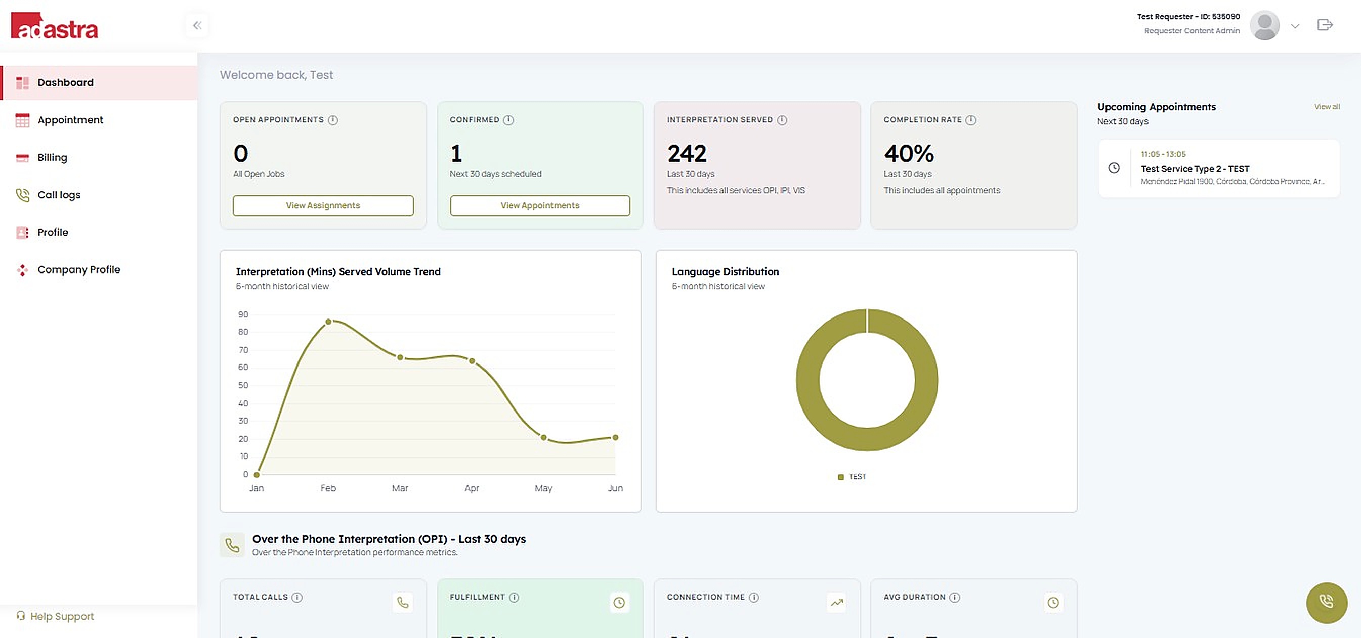 AdAstraConnect dashboard with appointments, usage charts and billing navigation; sample test data