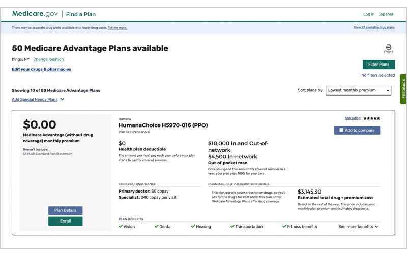Historical Medicare Plan Finder results showing plan comparisons and estimated costs