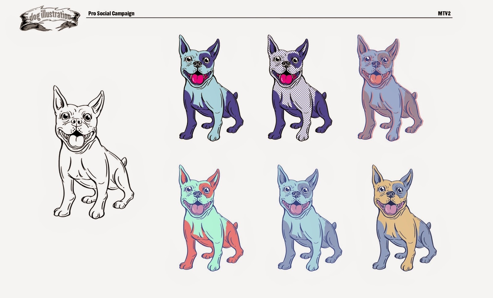 Ada Lingzi Liu’s MTV2 dog illustration studies, showing a line drawing and six color treatments