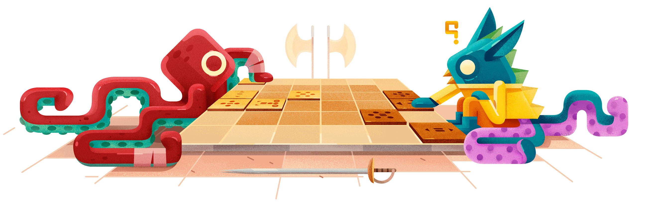 Colorful fantasy creatures facing each other across a tactical game board