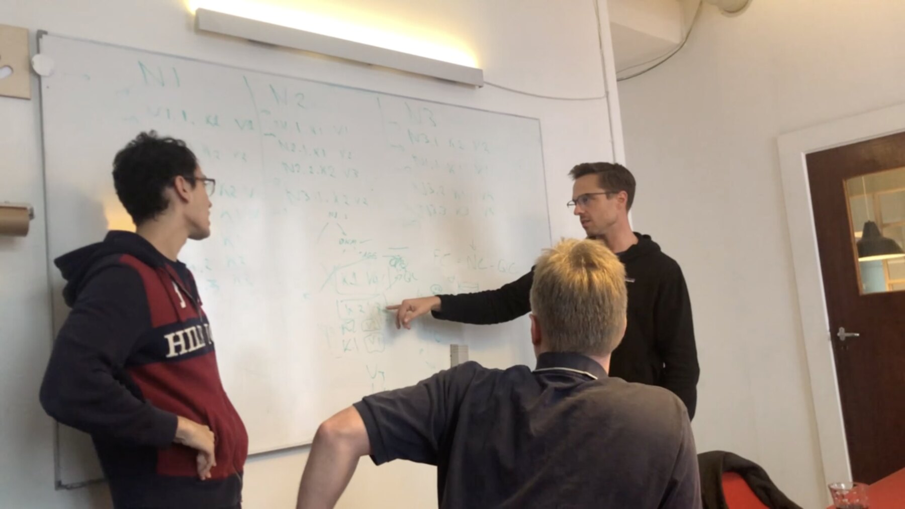 Three early Ditto team members discussing a synchronization diagram on a whiteboard