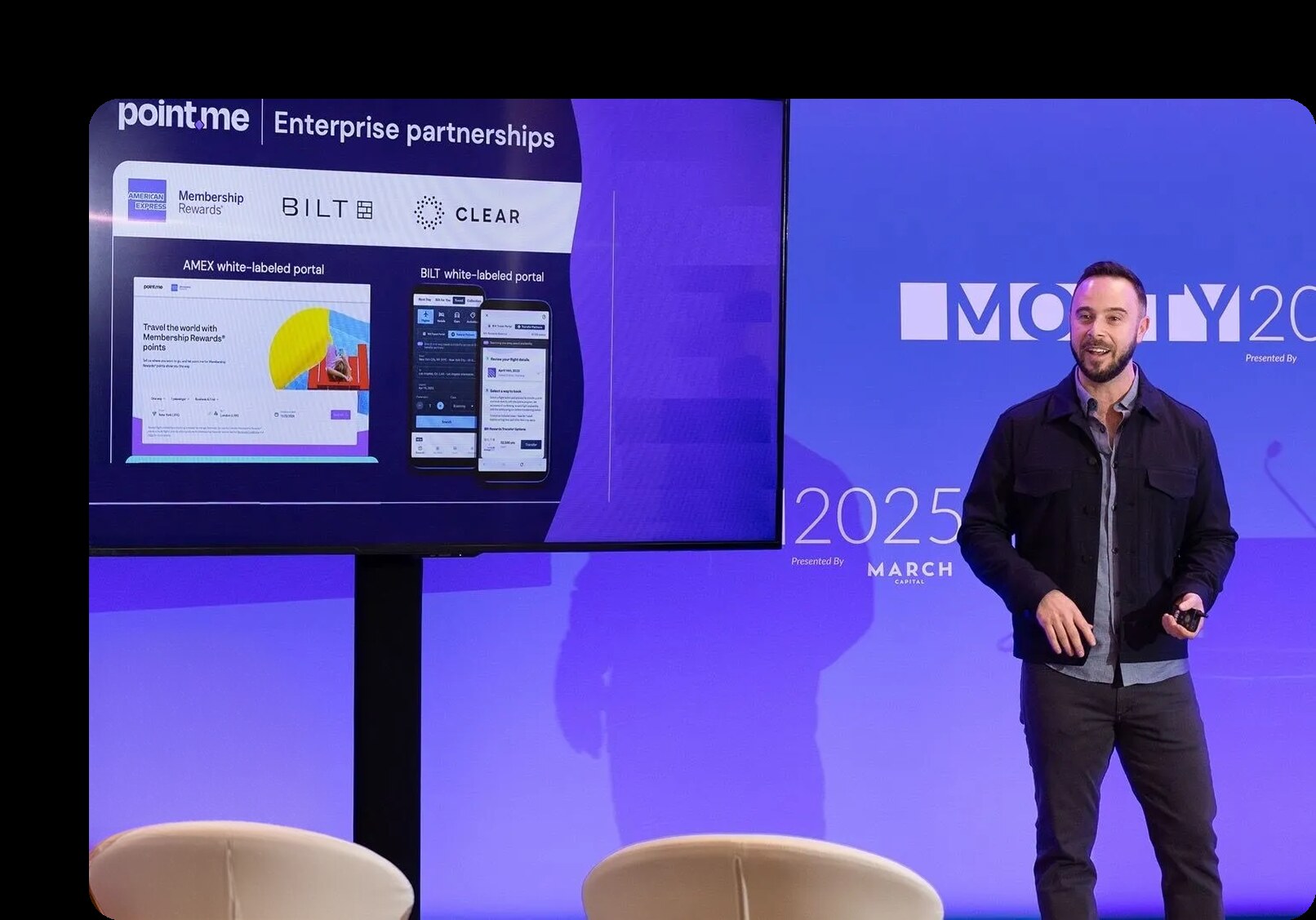 Adam Morvitz presenting point.me enterprise partnerships onstage at MObility 2025
